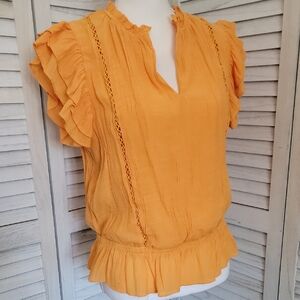 June & Hudson Tangerine Color Ruffle Sleeve Blouse